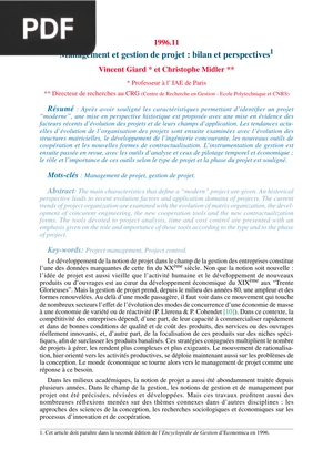 Management et gestion de projet: bilan et perspectives