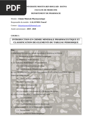 Introduction en chimie minérale pharmaceutique et classification des éléments du tableau périodique