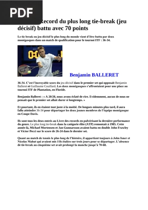 Tennis: Record du plus long tie-break (jeu décisif) battu avec 70 points