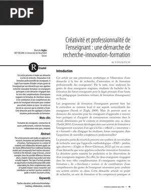Créativité et professionnalité de l’enseignant : une démarche de recherche-innovation-formation