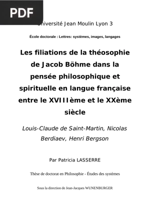 Les filiations de la théosophie de Jacob Böhme dans la pensée philosophique et spirituelle en langue française