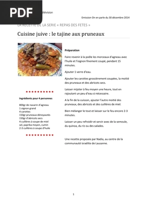 Cuisine juive, le tajine aux pruneaux
