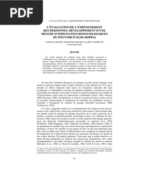 L’évaluation de l’empowerment des personnes, développement d’une mesure d’indices psychosociologiques du pouvoir d’agir