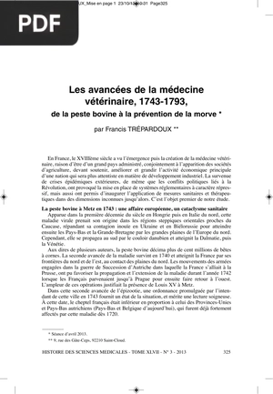 Les avancées de la médecine vétérinaire 1743-1793, de la peste bovine à la prévention de la morve
