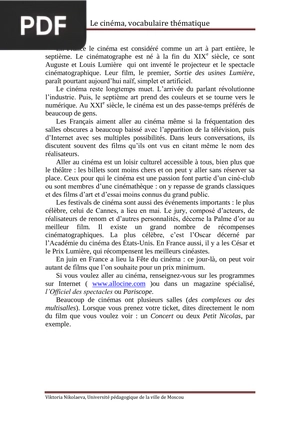 Le cinéma vocabulaire thématique