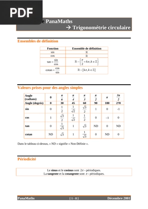 Formulaire - Trigonométrie circulaire