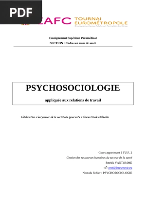 Psychosociologie - Appliquée aux Relations de Travail