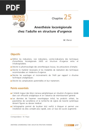 Anesthésie Locorégionale chez l'Adulte en Structure d'Urgence