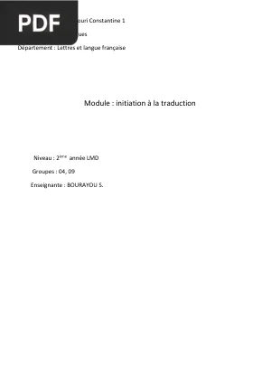 Initiation a la Traduction Francais-Arabe-Francais